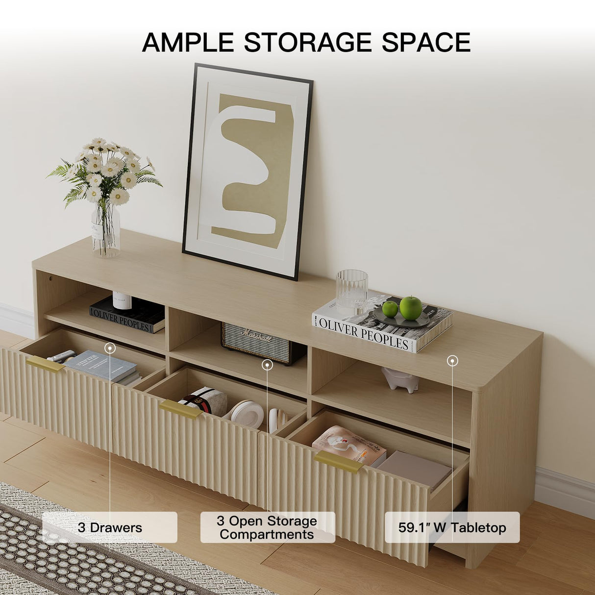 Amada TV Stand for 50-65" TV, Fluted Modern TV Stand Entertainment Center with Drawers and Open Shelf, Waveform Panel, Sleek Curved Profile Media TV Console Table for Living Room, Bedroom, Nature Oak AMADA HOMEFURNISHING