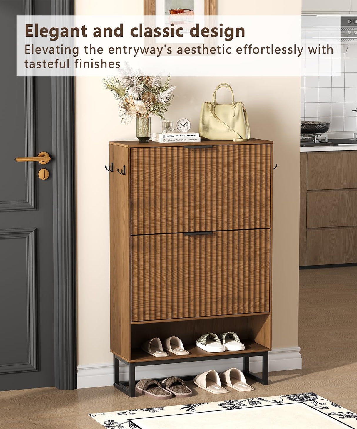 Akxomel Fluted Shoe Storage Cabinet, Narrow Hidden Shoe Rack Cabinet with Metal Legs, Narrow Shoe Organizer, 2 Flip Drawers, for Entryway, Hallway, Living Room, Walnut Akxomel