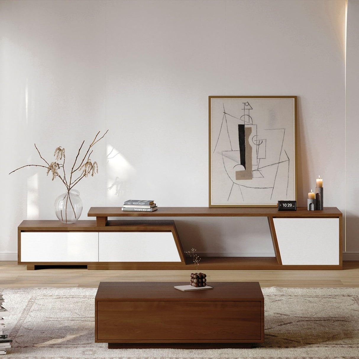 homary Extendable TV Stand with 3 Drawers Minimalist Rectangle Entertainment Center Walnut TV Console Table Up to 110" (Extendable: 70.9”W-110.2”W) (White & Walnut) homary