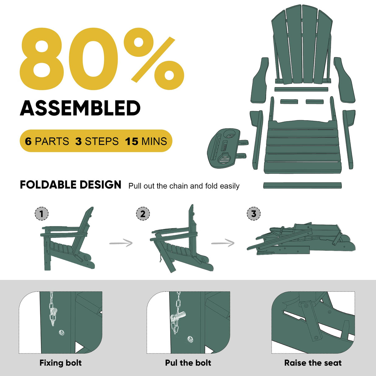 NAVINE Adirondack Chair Set of 4, HDPE Folding Adirondack Chair with Multifunctional Cup Holder, Weather Resistant Fire Pit Chair for porches, patios, poolsides, Decks. NAVINE