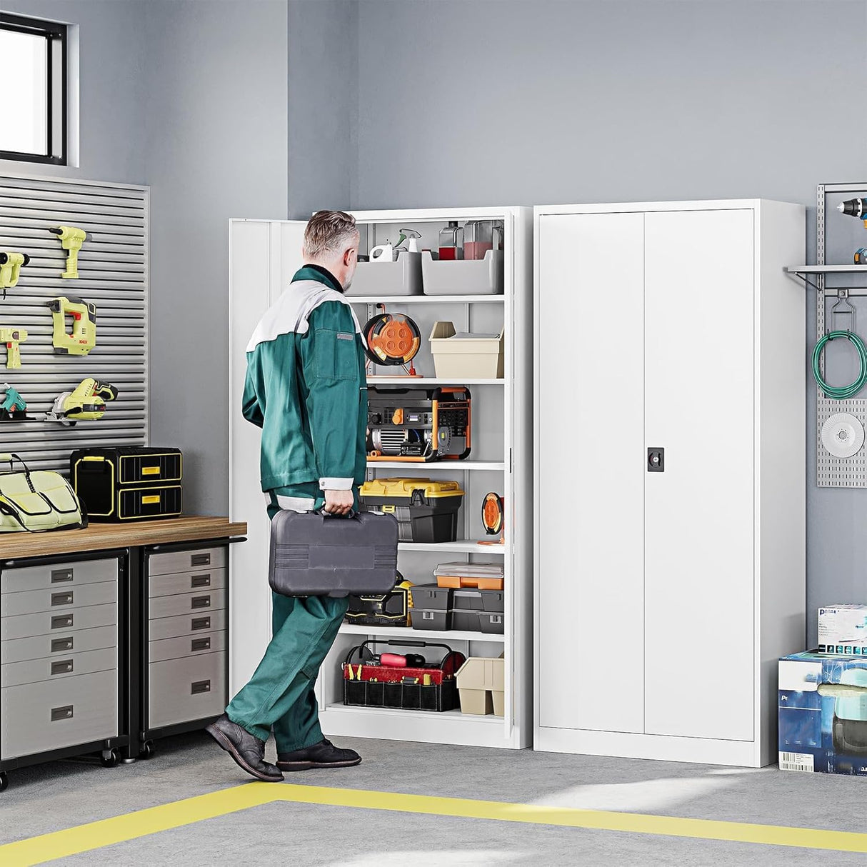 Letaya Metal Garage Storage Cabinets with Lock Door and Adjustable Shelves, Steel Tool Cabinets for Home,Office,Warehouse Organisieren (White, 71" H) Letaya