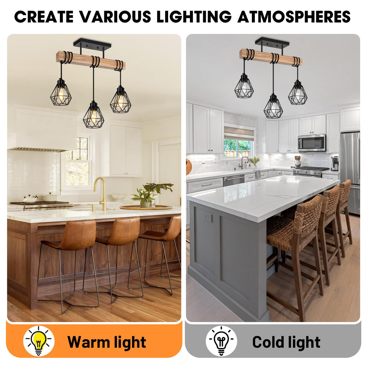 Feanron 3-Lights Farmhouse Dining Room Pendant Light Fixtures Over Table, Rustic Solid Wood Kitchen Island Lighting Hanging with Metal Shades, Modern Black Ceiling Pendant Lamp for Living Room Hallway Feanron