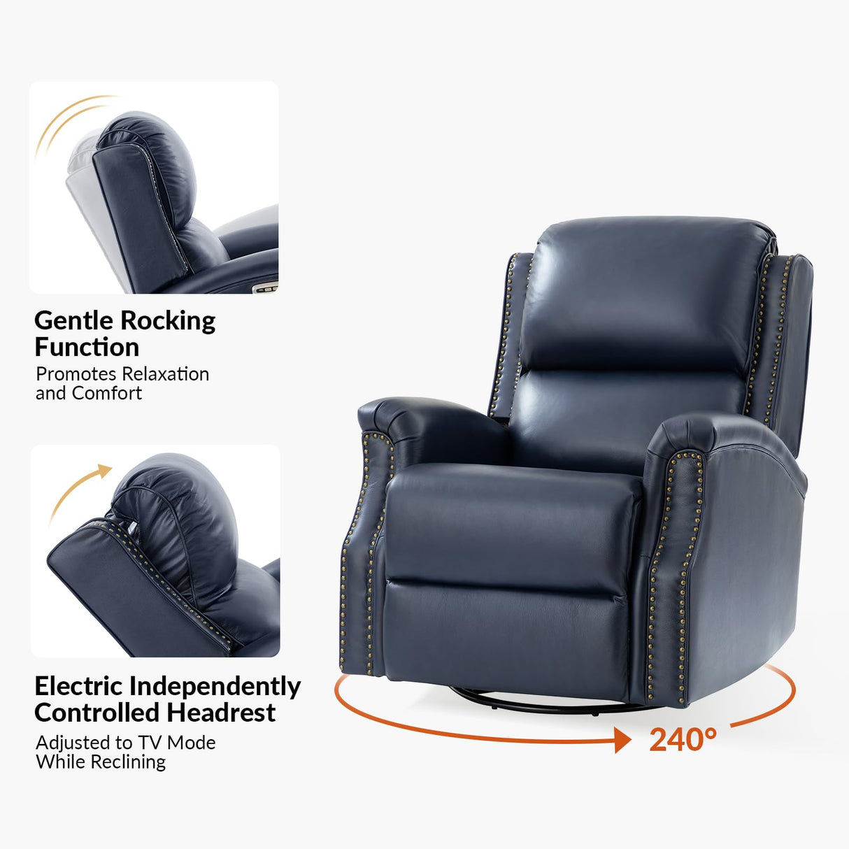HULALA HOME Genuine Leather Recliner with One-Button Reset, Power Recliner with Electric Lumbar Support and Headrest, Traditional Swivel Rocker Recliner with USB Port and Storage Pocket, Navy HULALA HOME