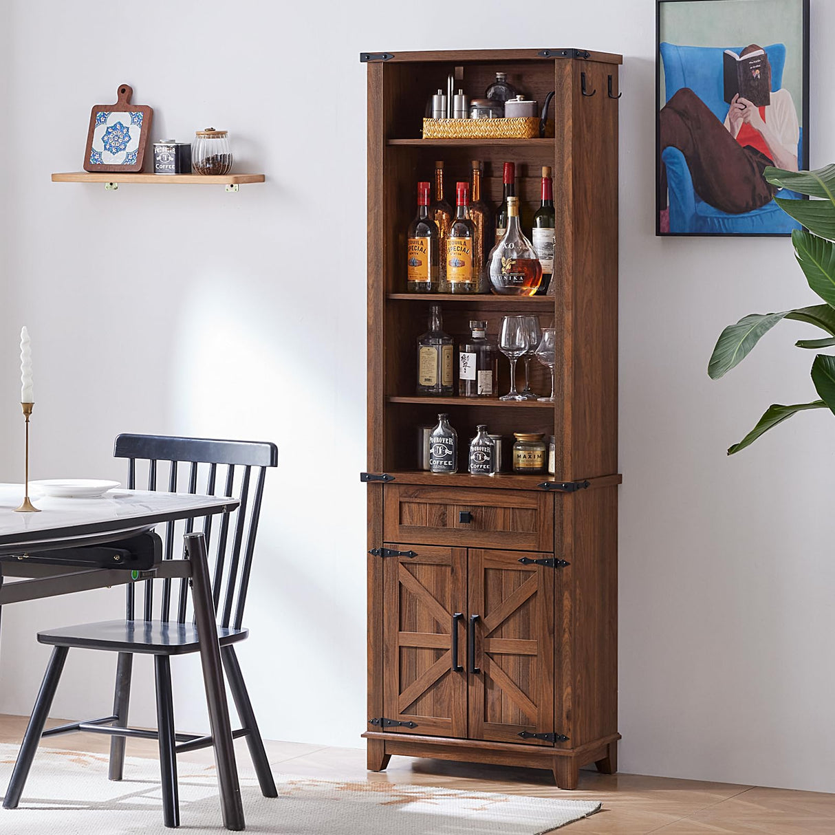 Joaxswe 72in Tall Bookshelf 7 Tier Bookcase with Drawer and Barn Doors and Adjustable Shelves, Brown Farmhouse Book Shelf with Storage Cabinet, Wood Freestanding Display Bookshelves for Kitchen Joaxswe