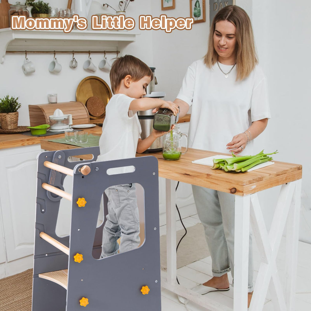 4 in 1 Toddler Kitchen Tower, Kids Kitchen Stool Helper, Standing Tower with Convertible Table and Chair, Toddler Step Stool with Adjustable-Height,Whiteboard and Safety Rail for Kitchen Aokkto