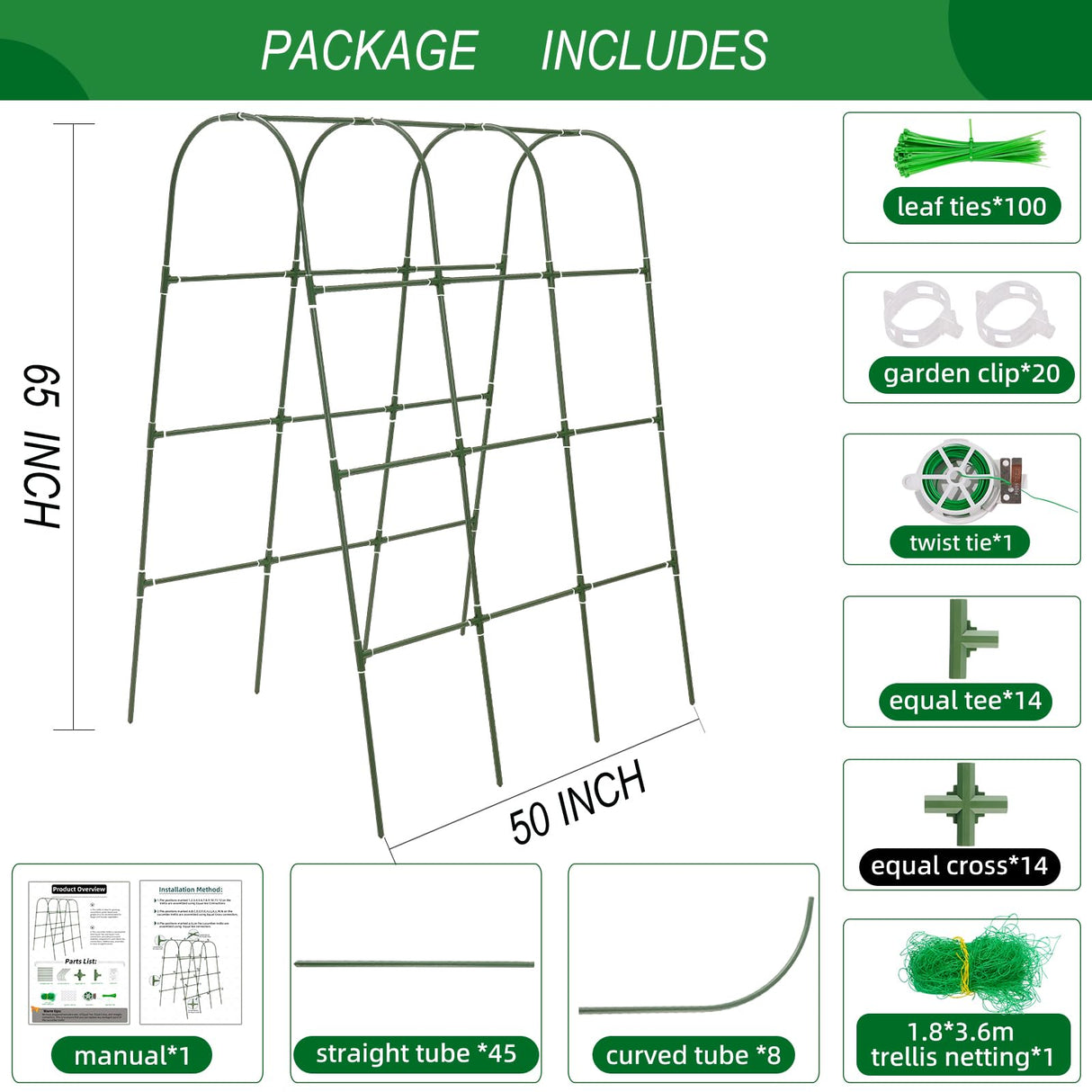 65"×50" Cucumber Trellis for Raised Bed,Tall Metal Arch Garden Trellis for Climbing Plants Outdoor,Vegetables,Plant Support Peas,Fruit,Flower,Grape,Tomato, Bean CFKEMZY