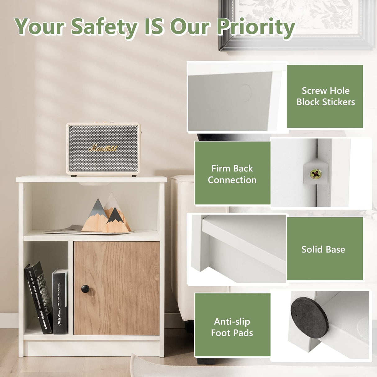 Tangkula Nightstand Set of 2, Wooden Sofa Side End Table with Bamboo Door & Open Compartments, Multifunctional 3 Tier Bedside Table for Bedroom, Accent Table with Storage (2, White) Tangkula