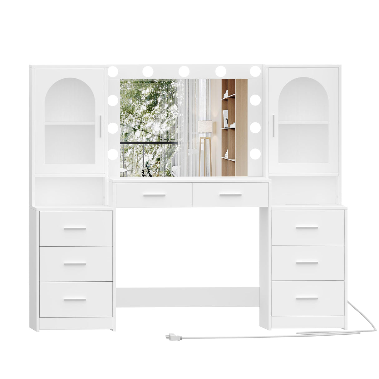 Rovaurx Large Vanity Desk with Mirror & Lights, Large Makeup Vanity Table with Charging Station, Bedroom Makeup Vanity with 8 Drawers and Side Cabinet, 3 LED Light Modes, White RSZT113W Rovaurx