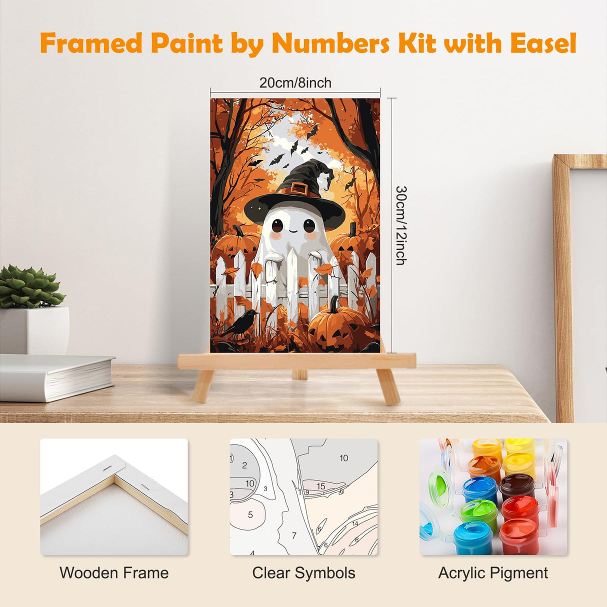 MOGTAA Halloween Ghost Paint by Numbers Kit for Adults Beginners with Frame, Fall Landscape Adult Paint by Number Kits on Canvas with Easel, Easy DIY Oil Painting Kits for Home Decor, 8x12in MOGTAA