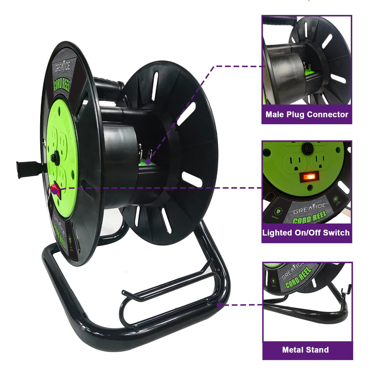 GREATIDE Heavy Duty Extension Cord Storage Reel with 4Grounded Outlets, 10A Circuit Breaker, Retractable Hand Wind, Portable Empty Hand Crank Open Cord Reel for 12/3 14/3 16/3 Gauge Power Cord, Green GREATIDE