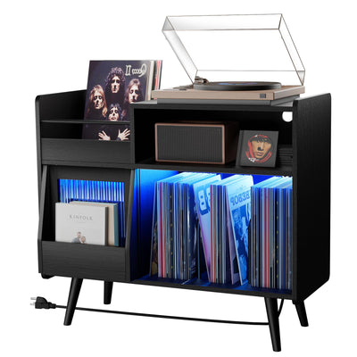 Large Record Player Stand with Sliding Door,350 Vinyl Record Storage Cabinet, Record Player Table with Power Outlet and LED Light,Turntable Stand with Wood Legs for Living Room,Bedroom,Office