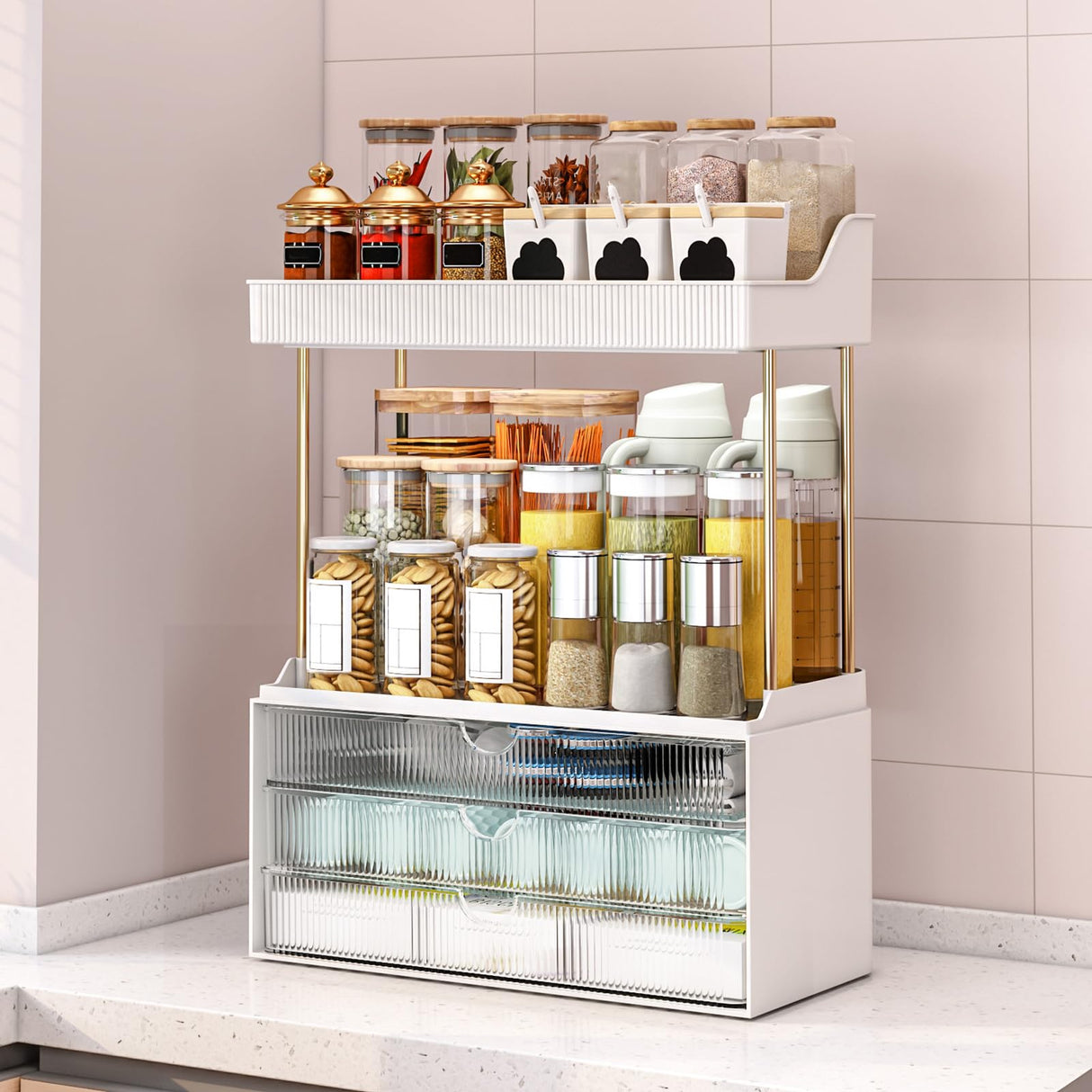 caktraie 5 Tiers Bathroom Counter Organizer - 3 Drawers Makeup Organizer, Cosmetic Storage Drawer for Dresser Countertop and Bathroom Vanity for Large Skincare, Perfume, Clear caktraie