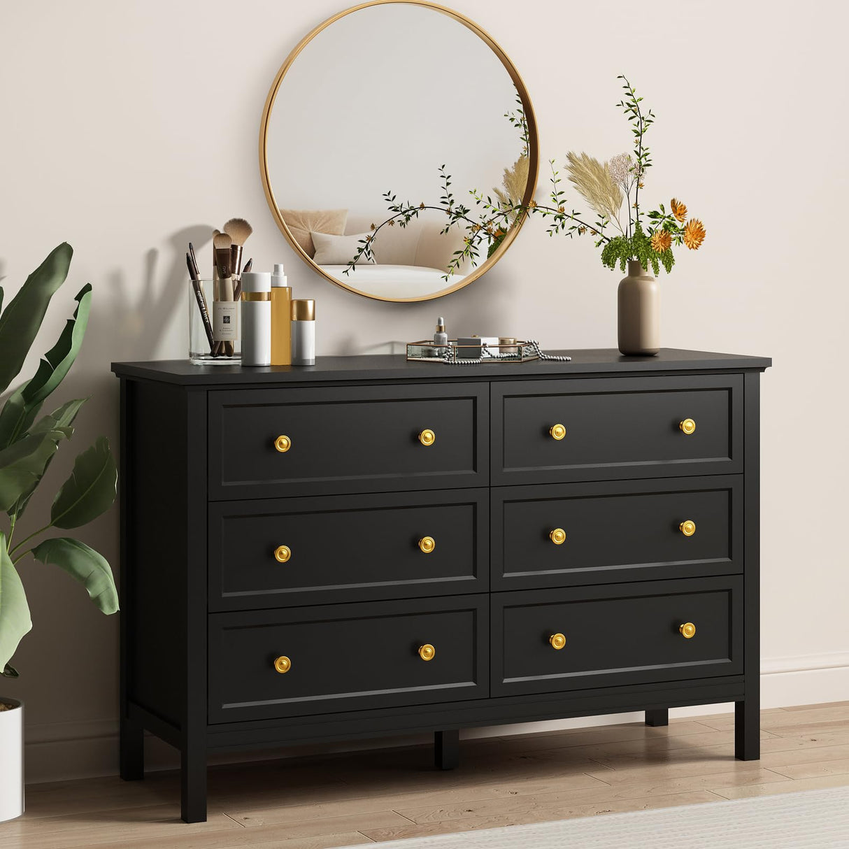 CARPETNAL Black Dresser for Bedroom, 6 Drawer Dresser with Wide Drawer and Metal Handles, Wood Dressers & Chests of Drawers for Hallway, Entryway. CARPETNAL