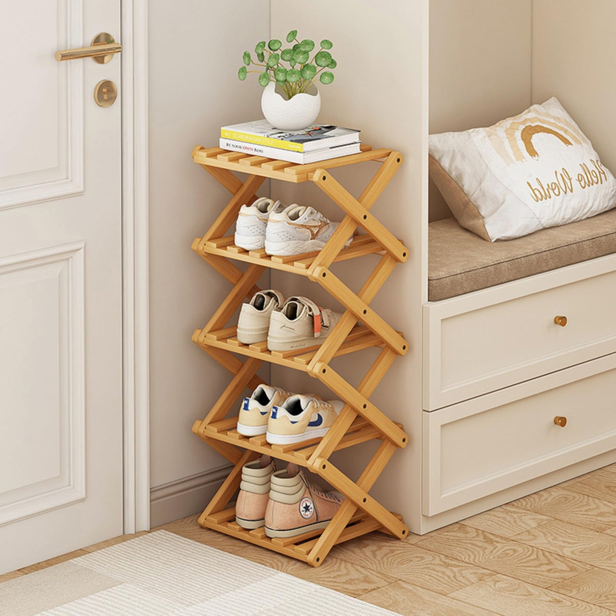 XZXWZX Shoe Rack, Bamboo Foldable Shoes Organizer Free Standing Shelf for Entryway, Closet, Bedroom, Hallway, | Natural | Functional | Multifunctional Shoe Rack (Wood Color) 5 Layers XZXWZX