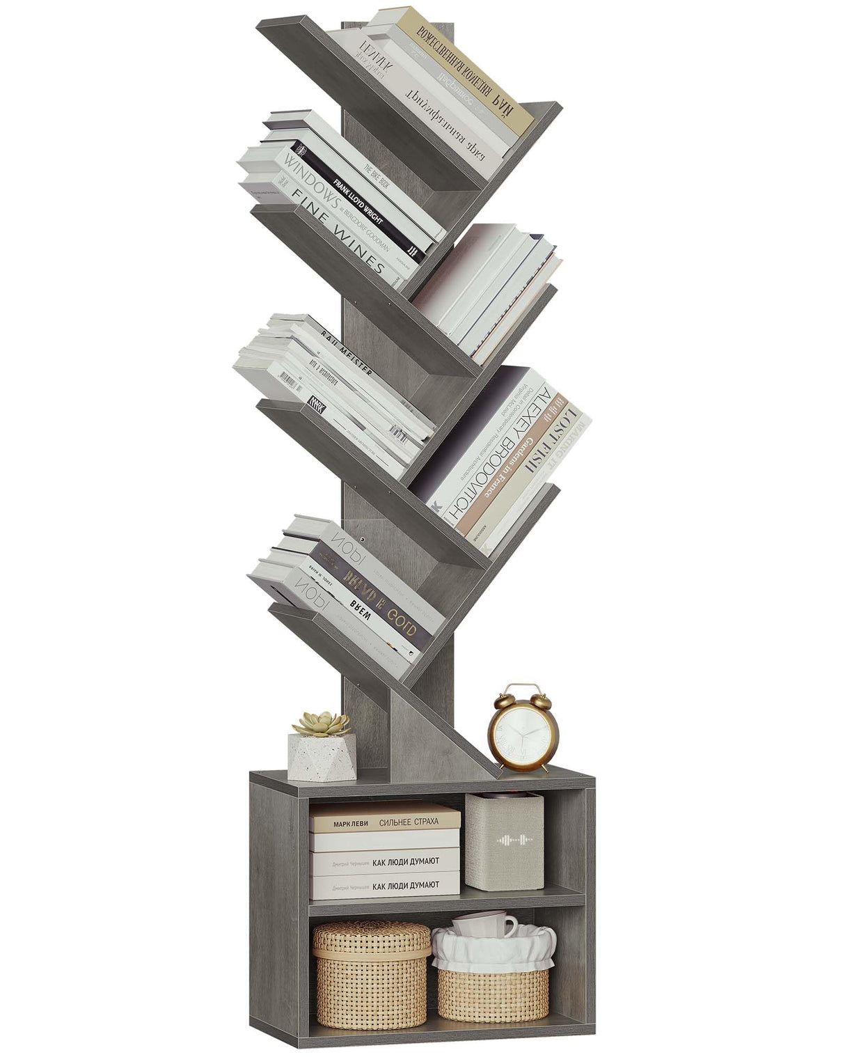 SUNMORY 6 Tier Tree Bookshelf, Tall Bookcase with Storage Cabinet, Modern Narrow Bookshelves Organizer, Floor Standing Book Shelf for Bedroom/Living Room/Home Office/Corner, Grey SUNMORY