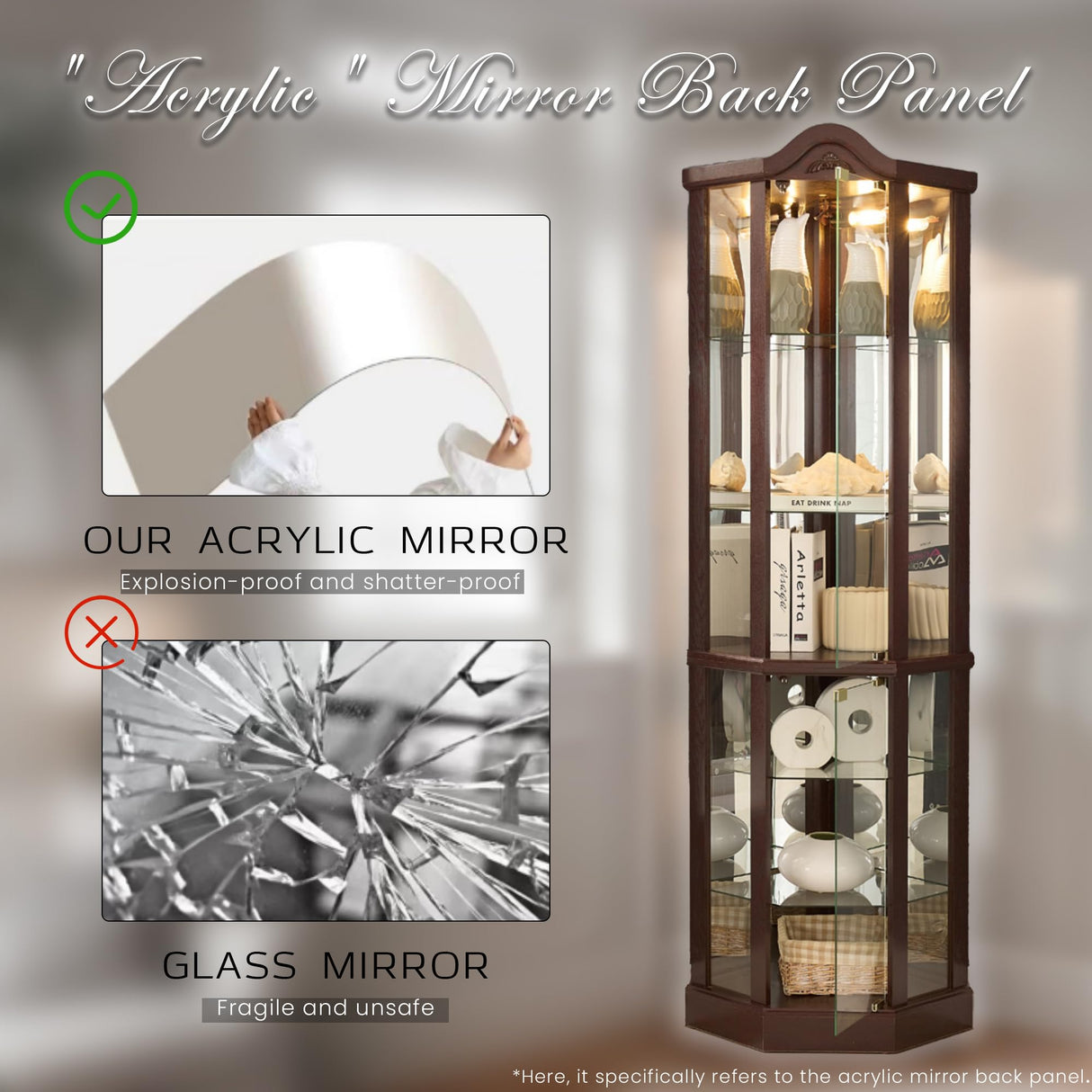 Lighted Corner Curio Cabinet with Tempered Glass Doors and Shelves, 72"H Glass Display Cabinet with Curved Top Carving, Light Bulb Included, Rack for Liquor Storage and Living Room (Dark Cherry) Eyisean
