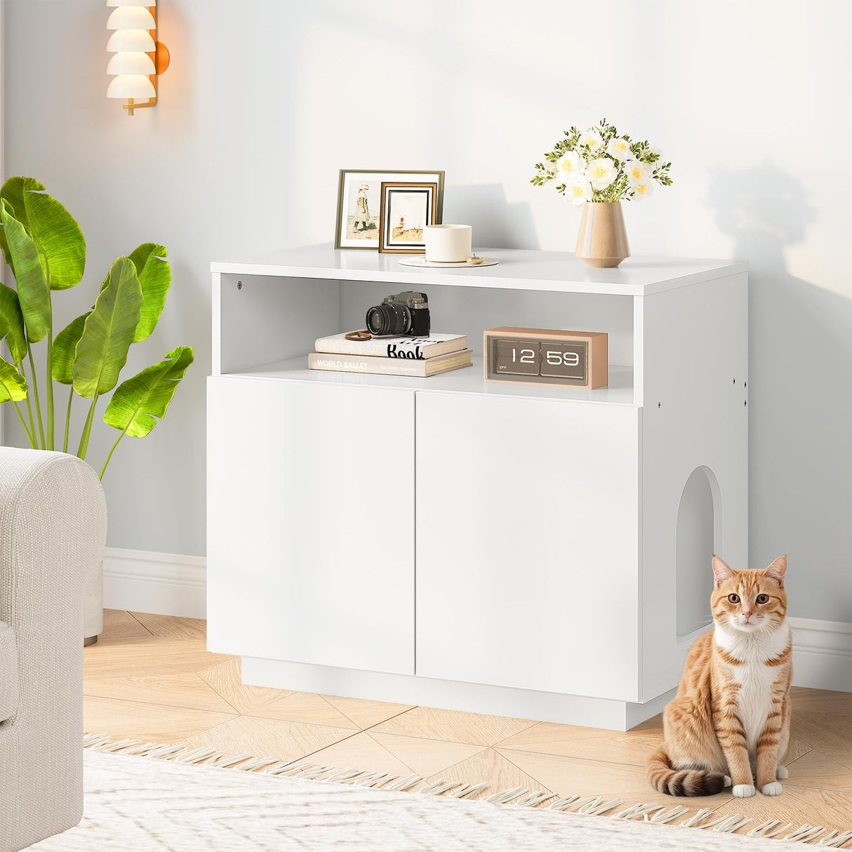 CHOEZON Cat Litter Box Enclosure, Litter Box Furniture Hidden, Versatile Litter Enclosure Furniture with 2 Doors and 1 Entrance, Indoor Cat House for Living Room, Bedroom, White MMW01WB CHOEZON