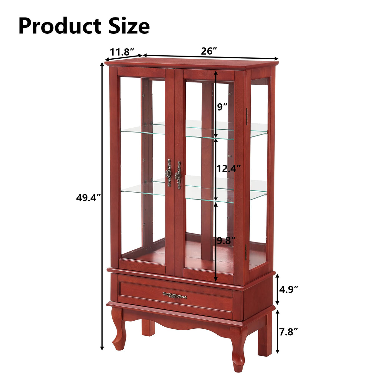 HIUU Cherry Curio Cabinets with Glass Doors,49.4’’H Curio Cabinet with Lights,Display Cabinet with Glass Doors and Adjustable Shelves,Wooden China Cabinet for Living Room HIUU