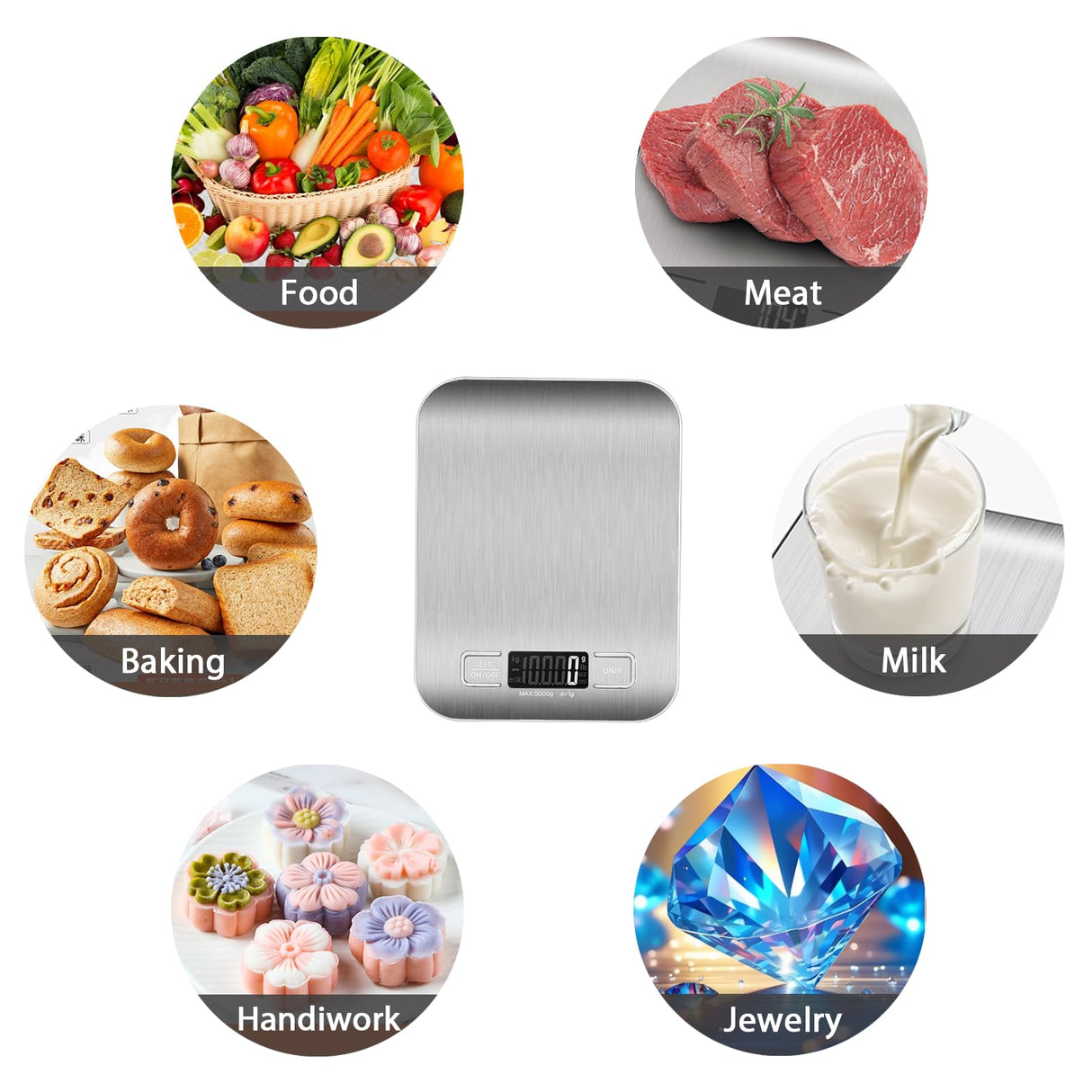 Food Scale with USB Rechargeable, 11lb Digital Kitchen Scale Weight Grams and oz for Baking Cooking, Stainless Steel and Tempered Glass Waterproof Body, 1g/0.1oz Precise Graduation AiScrofa