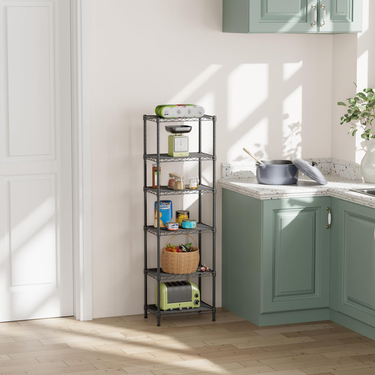 SINGAYE 6 Shelves Bathroom Organizers and Storage Shelf Wire Closet Metal Pantry Kitchen Small Garage Shelving Unit Laundry Room Organization Home Tall Rack Balck 10" D x 16" W x 60”H SINGAYE