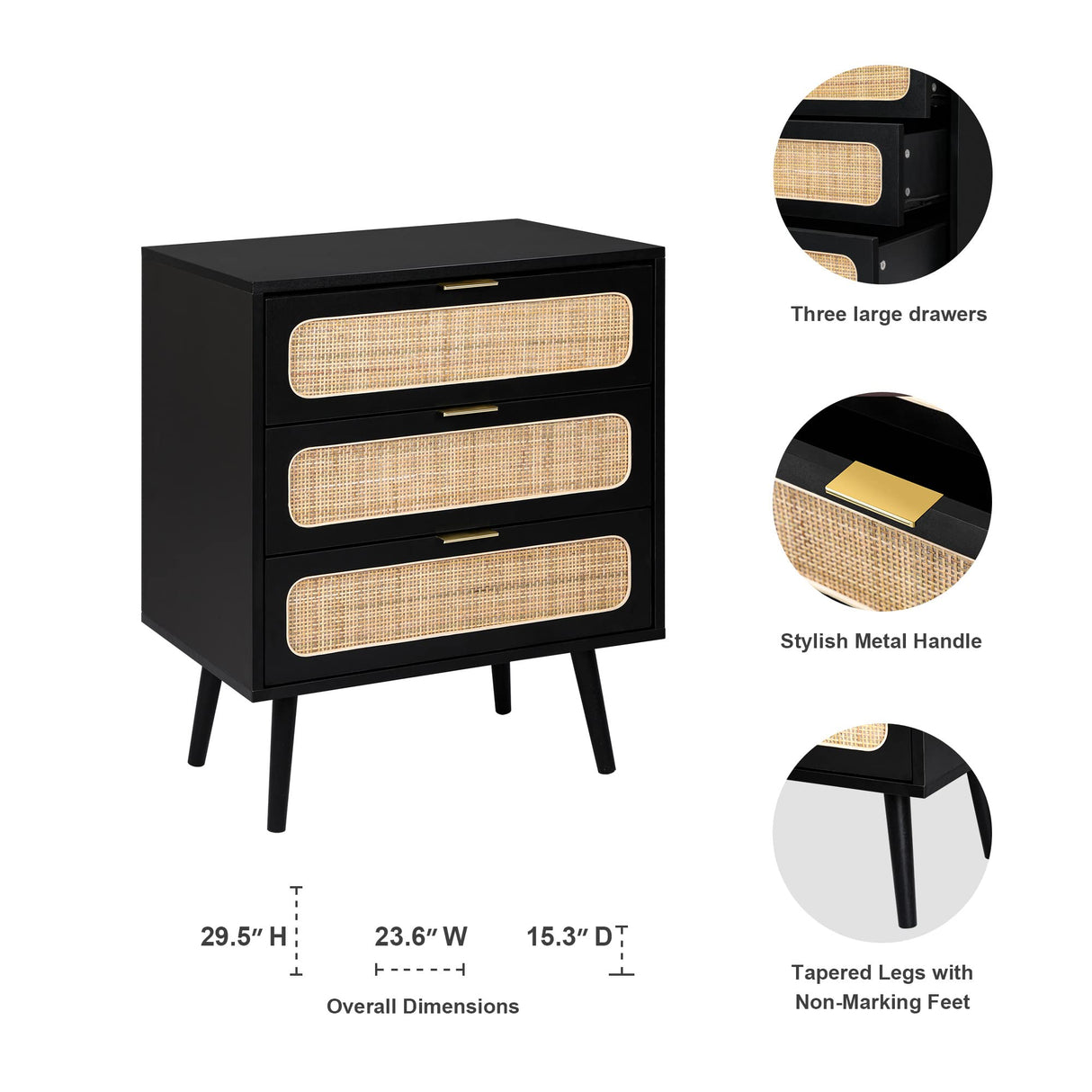 RARZOE 2 Sets of Rattan Nightstand Dresser Chest of 3 Drawers, Wood Storage Dresser Cabinet Organizer Unit for Bedroom Living Room Closet Office(Black) RARZOE