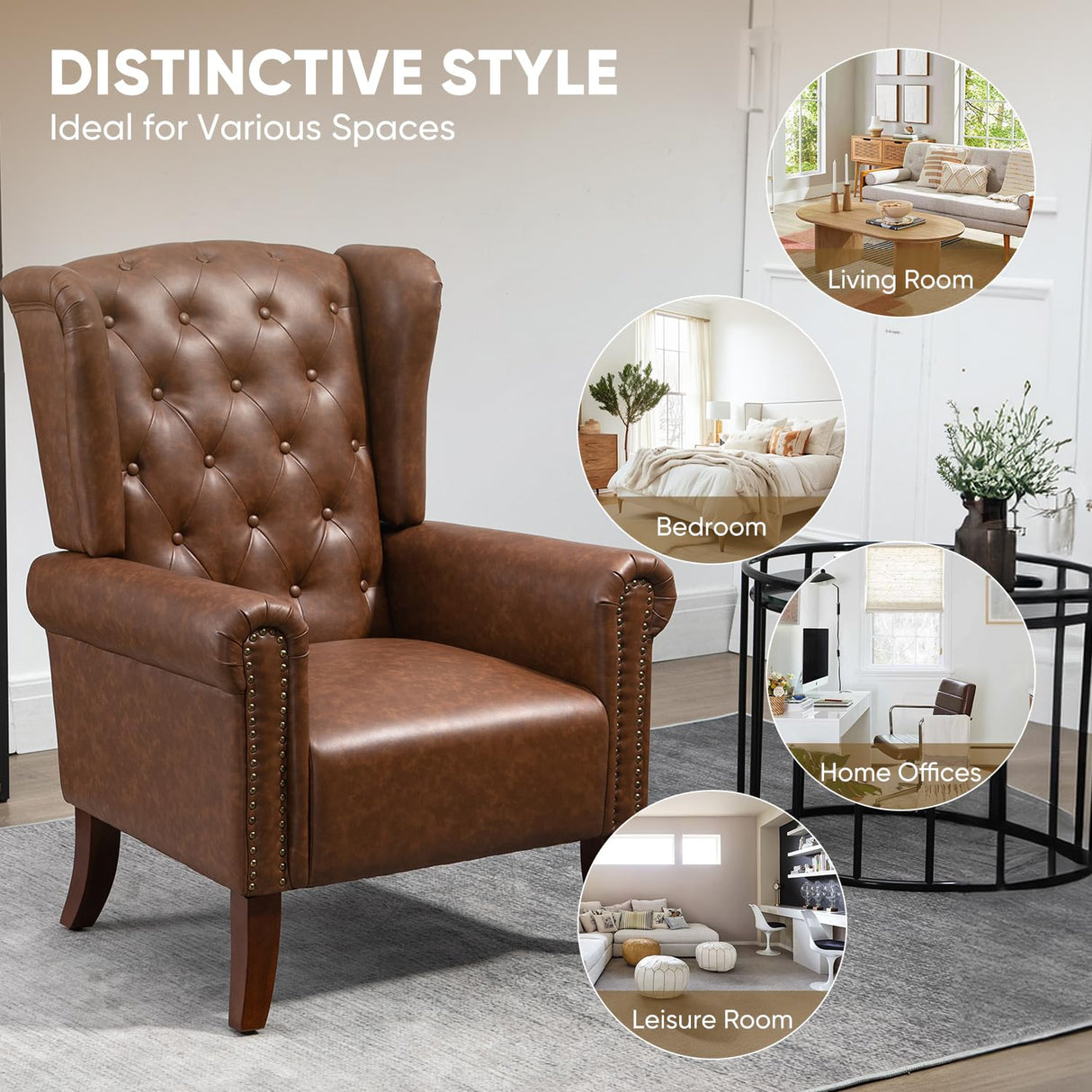 MOJAY Mid-Century PU Leather Accent Chair, Living Room Lounge Sofa Chair with Buttons, Single Club Armchair with Rivet Trim for Bedroom Home Reception (Brown) MOJAY