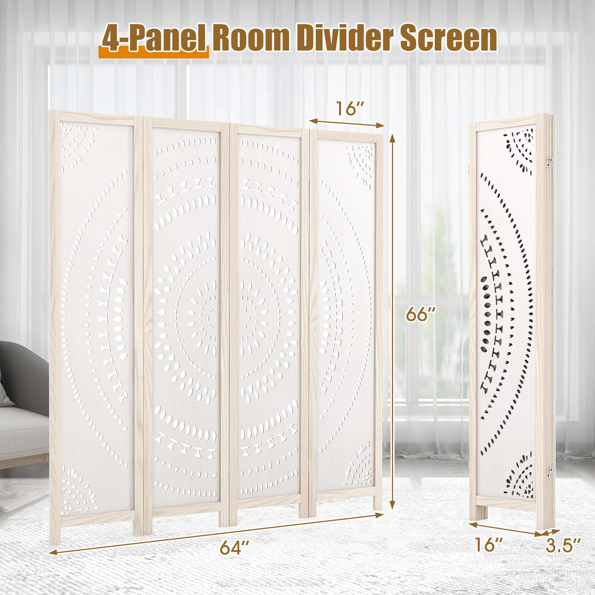 Giantex Room Divider 4 Panels - 66'' Boho Room Dividers with Carved Pattern & Solid Wood Frame, Folding Privacy Screen for Bedroom Office, Partition Wall Divider for Room Separation, Washed White Giantex