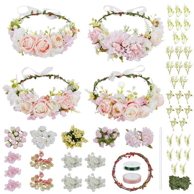 ACRNIGHEET 4 Sets DIY Flower Crown Kit, White and Pink Floral Crown Craft Kit, Make Your Own Flower Crown Headband Handmade, Floral Bridal Headpiece Hair Accessories for Wedding Birthday Party Prop