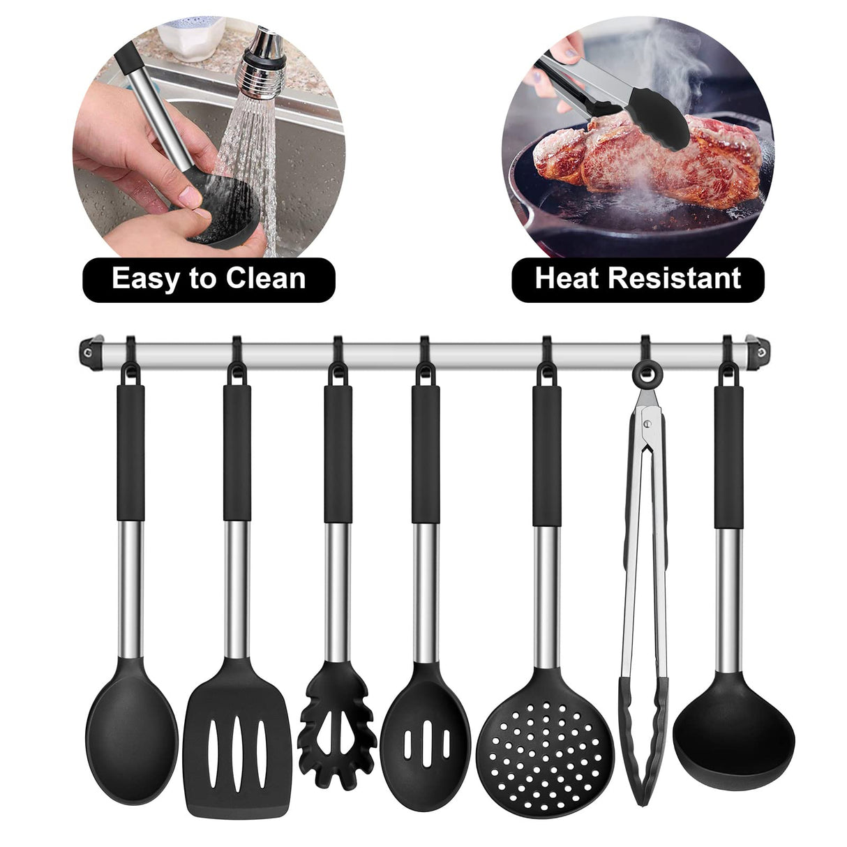 E-far Silicone Cooking Utensils Set, 7 Pcs Heat Resistant Kitchen Utensils with Stainless Steel Handle, Slotted Turner, Spoon, Soup Ladle, Pasta Server, Skimmer, Tongs for Nonstick Cookware, Black E-far