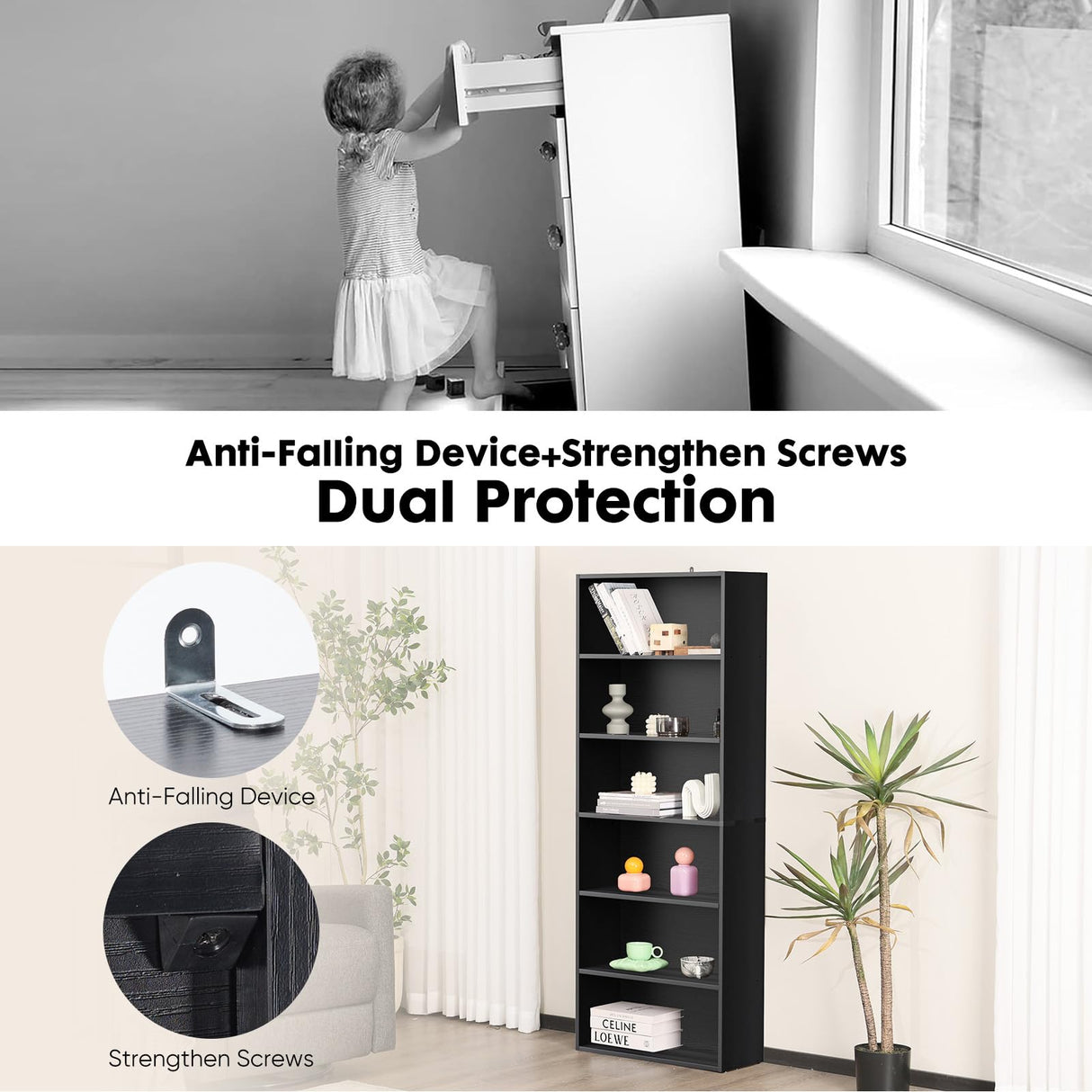 Sweetcrispy Industrial 6 Shelf Bookcase - Large 63 Inch Tall Floor Standing Open Bookshelf with Anti-Tipping Device for Home Office, Living Room, and Bedroom Storage, Black Sweetcrispy