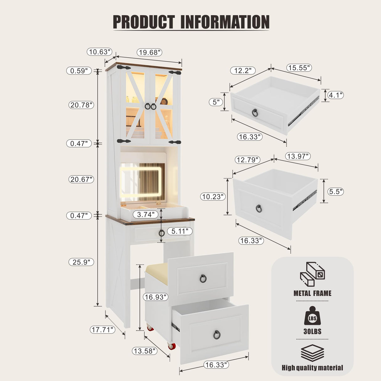 FREDEES Farmhouse Vanity Desk with Mirror,Small Makeup Vanity Set with Customizable Lighting,Compact Makeup Vanity with Hidden Storage and Comfortable Stool,Dressing Table for Bedroom,White FREDEES