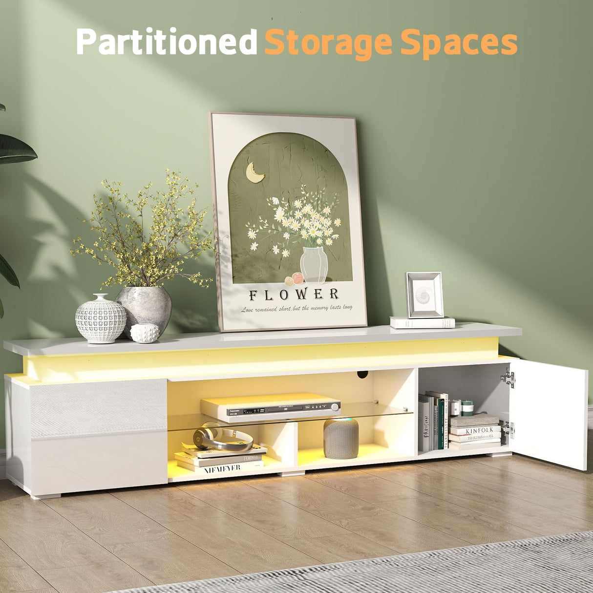 Lamtor TV-Stand for 85 Inch TV - Led TV Stand with Power Outlet, Modern Entertainment Center with Glass Shelf, High Glossy Gaming TV Media Console for Living Room, White Lamtor