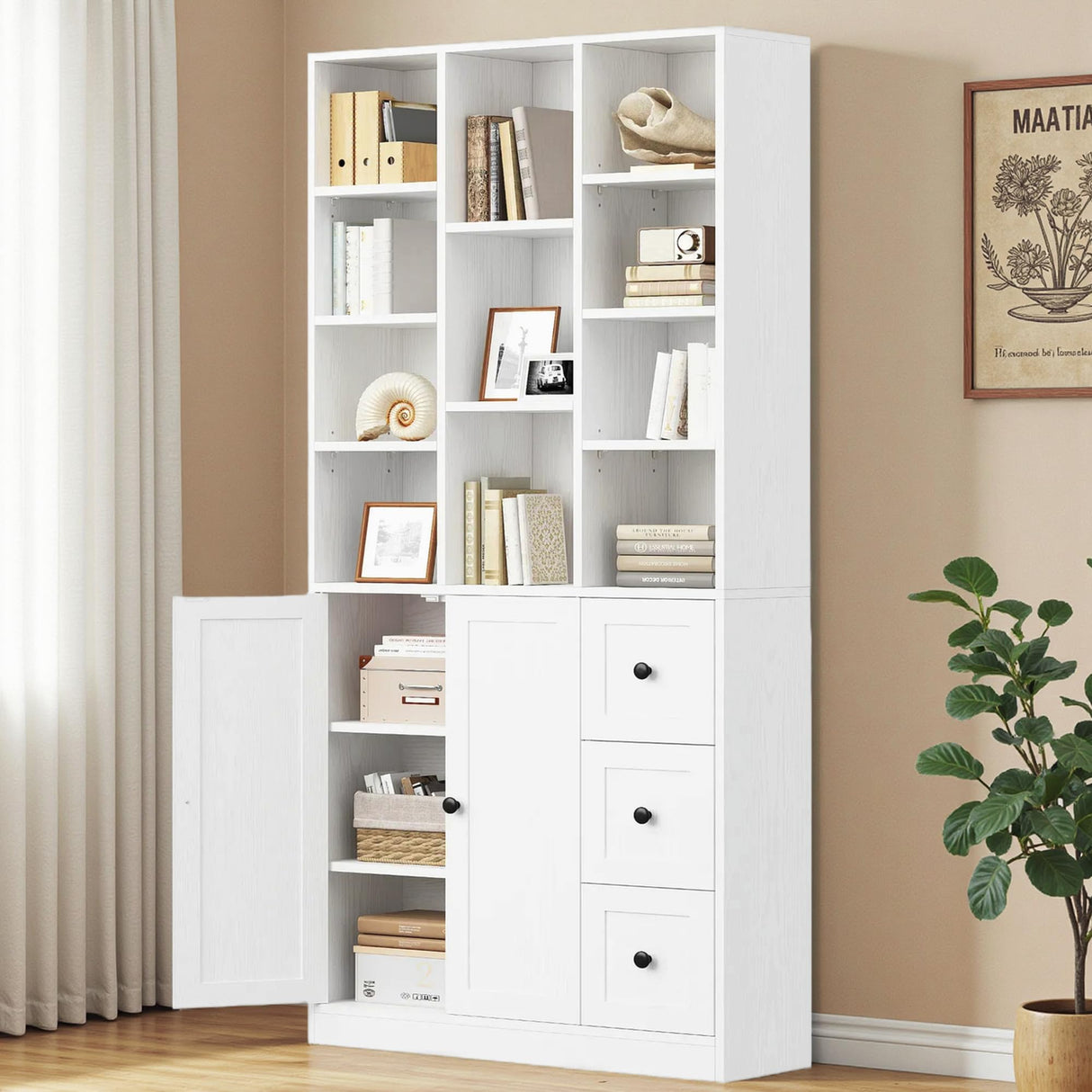 IRONCK Bookshelf and Bookcase with Doors and Drawers, 71" Tall 7 Tier Bookshelf with Display Storage Shelves for Home Office, White IRONCK