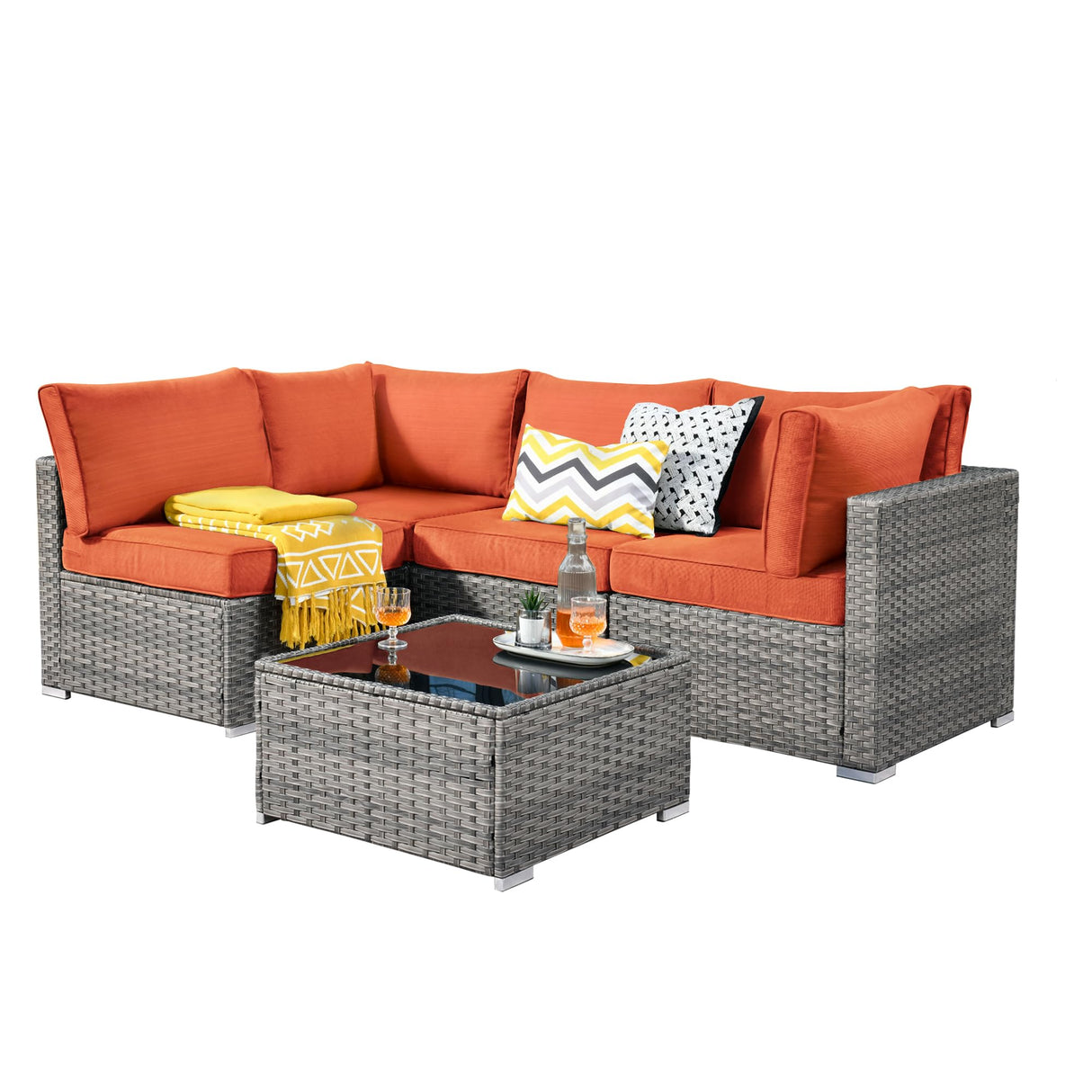 Weaxty 5 Pieces Patio Furniture Sets,Wicker Outdoor Sectional Sofa with Thicken Cushion and Rattan Coffee Table,Patio Conversation Couch Set for Porch, Balcony,Yard, Poolside,Orange Red weaxty W