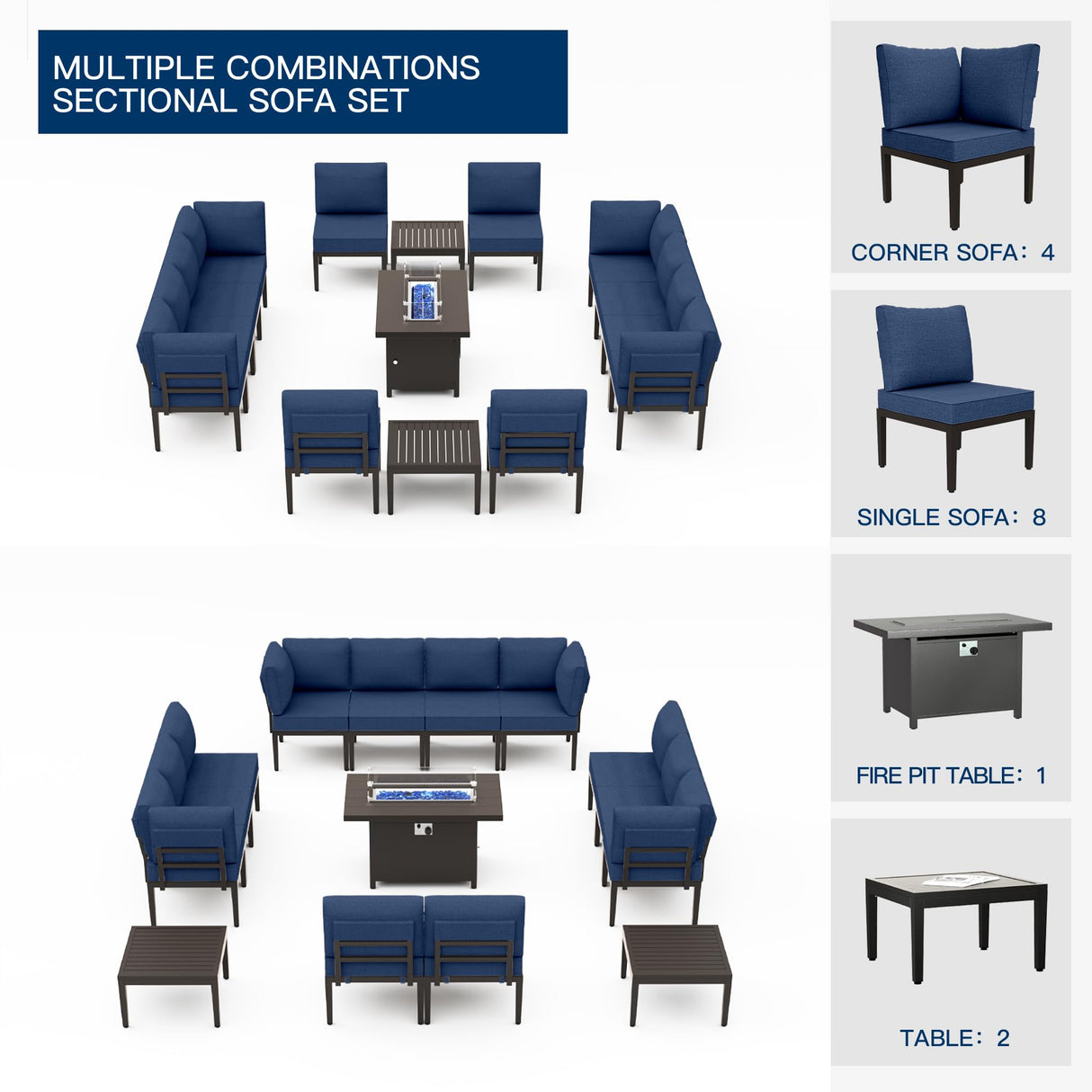 RTDTD 15 Piece Patio Furniture Set with 45" Propane Gas Fire Pit Table Metal Outdoor Patio Conversation Sectional Sofa Set with Coffee Table for Patio, Backyard, Deck(Navy) RTDTD