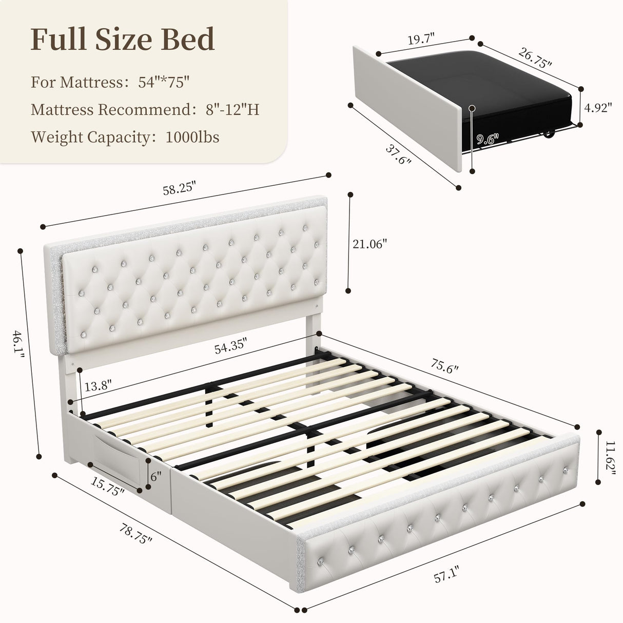 SIBEDS Full Led Bed Frame with 2 Drawers, Storage Platform Bed with Upholstered Crystal Button Tufted Headboard Footboard, 2 Side Pockets, No Box Spring Needed, PU White SIBEDS