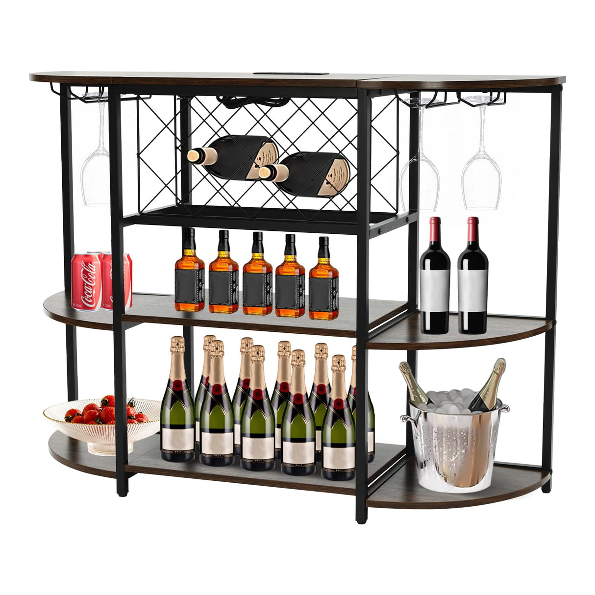 Jiabailie Wine Rack Table with LED Light,Metal Coffee Bar Cabinet with Outlet,Floor Bar Cabinet for Liquor and Glasses,FreeStanding Sideboard for Home Kitchen Dining Room Jiabailie