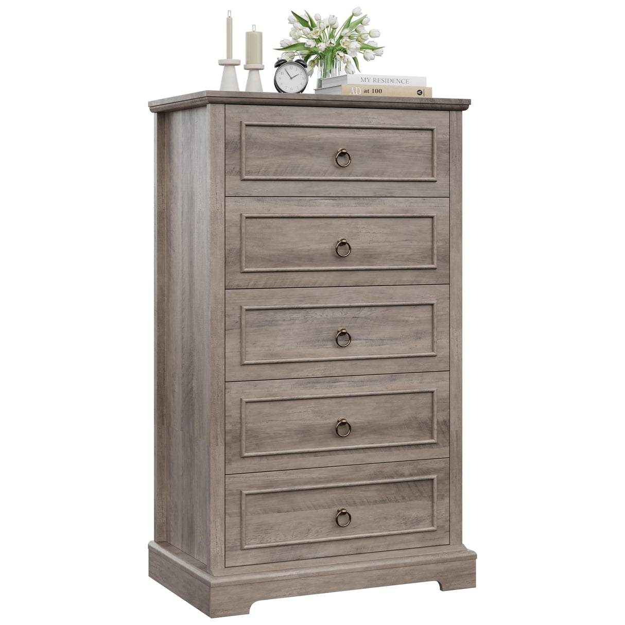 HOSTACK 5 Drawer Tall Dresser, Modern Farmhouse Chest of Drawers, Wood Dressers Organizer, Accent Storage Cabinet for Living Room, Hallway, Home Office, Ash Grey HOSTACK