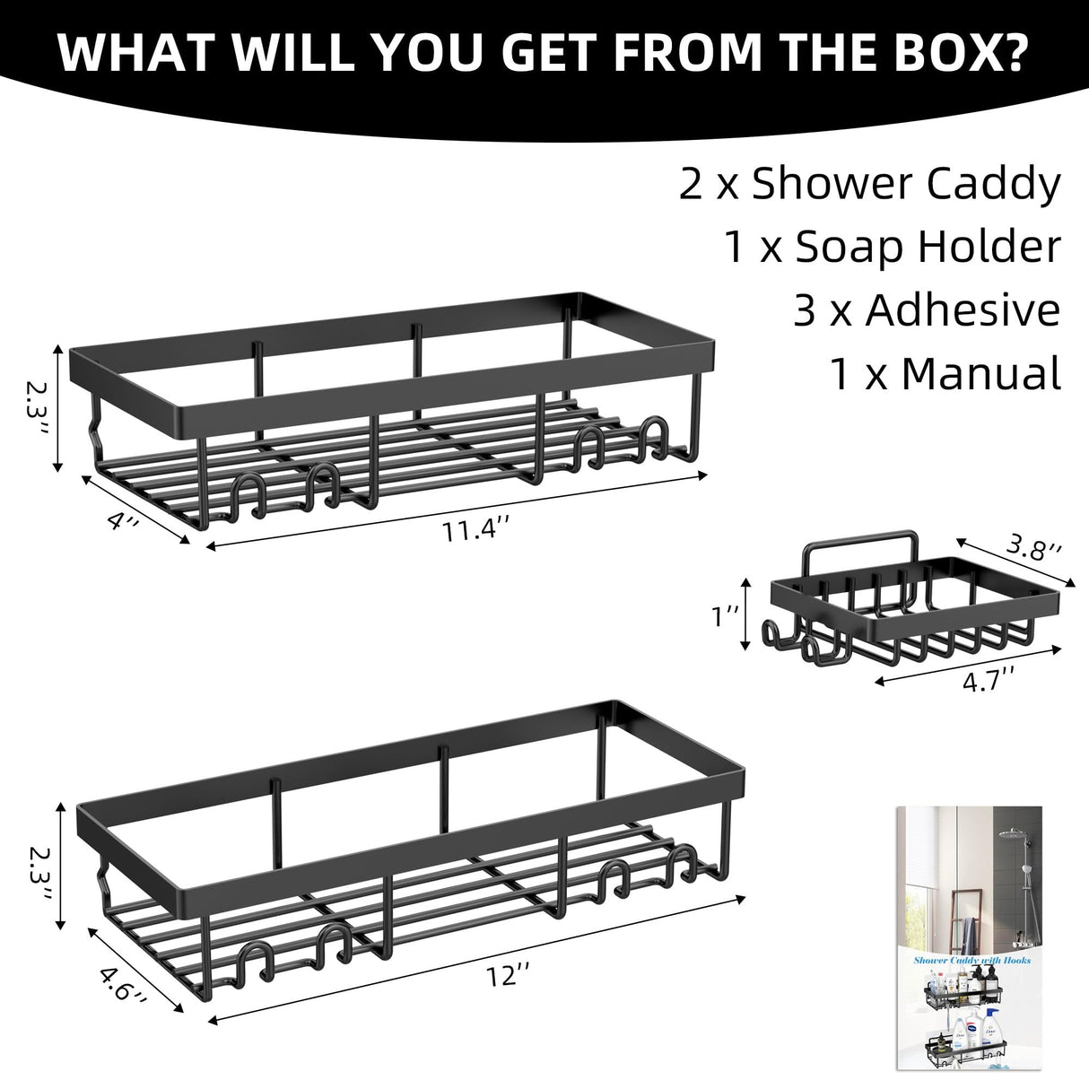 Moforoco 3-Pack Shower Caddy Basket Shelf with Soap Holder, No Drilling Traceless Adhesive Shower Wall Shelves, Rustproof Black Bathroom Shower Storage Organizer Moforoco