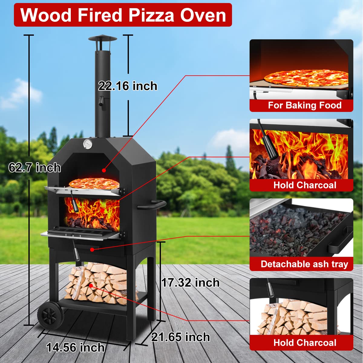 EDOSTORY Outdoor Pizza Oven, Wood Fired Pizza Oven for Outside, Patio Pizza Maker with Pizza Stone, Pizza Peel, Grill Rack, and Waterproof Cover for Backyard Camping EDOSTORY