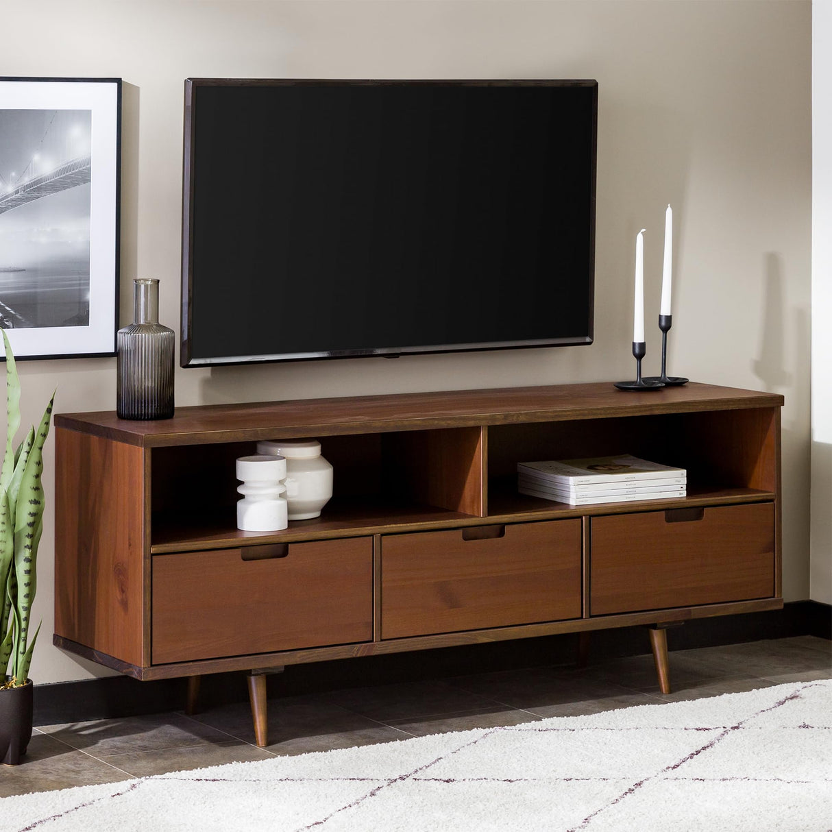 Walker Edison 3-Drawer Mid Century Modern Wood TV Stand for TV's up to 65" Flat Screen Cabinet Door Living Room Storage Entertainment Center, 58 Inch, Walnut Walker Edison