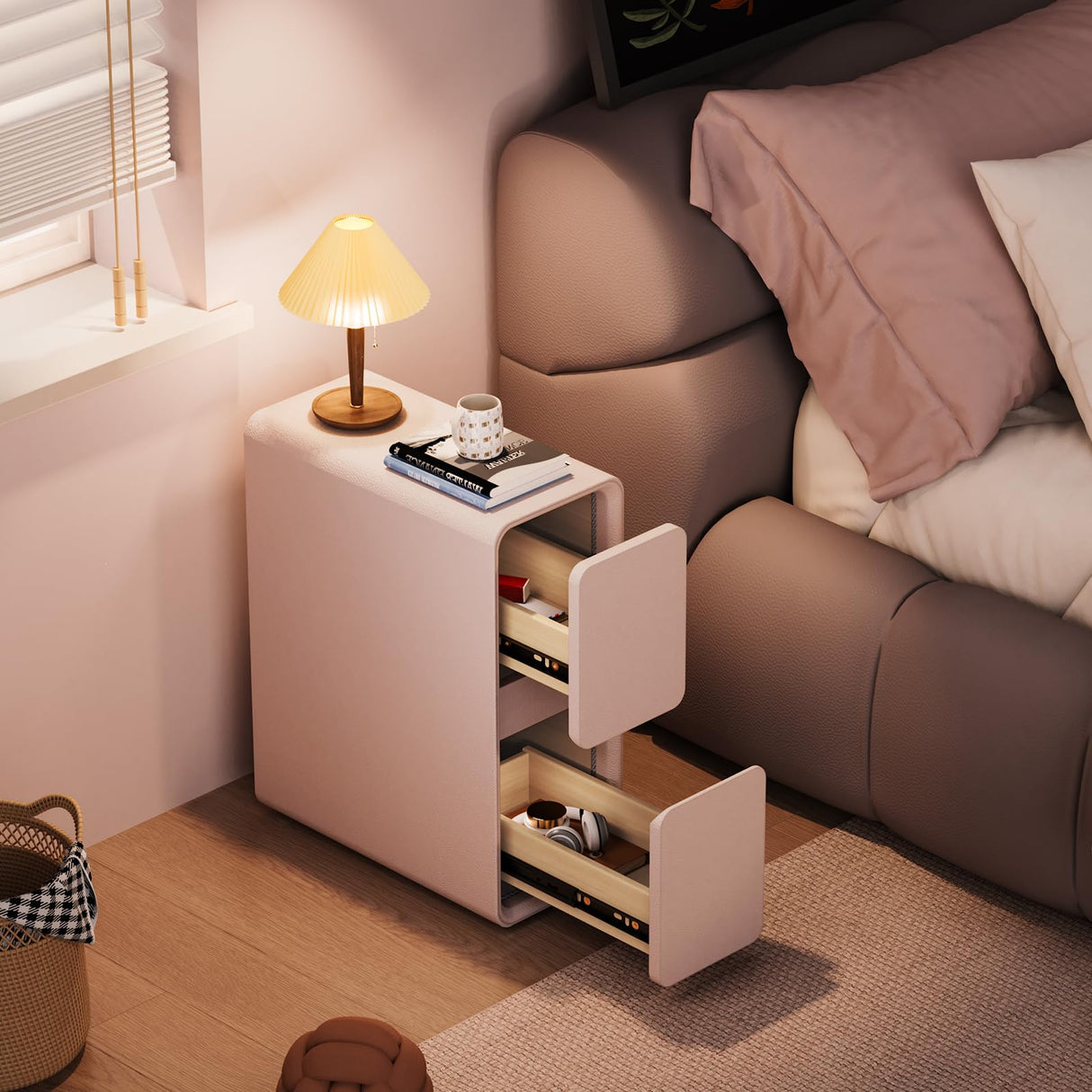 VICITON Modern Narrow Faux Leather Nightstand, Solid Wood Drawer, Storage Accent Table, Small Side End Table for Bedroom (Pink, Narrow) VICITON