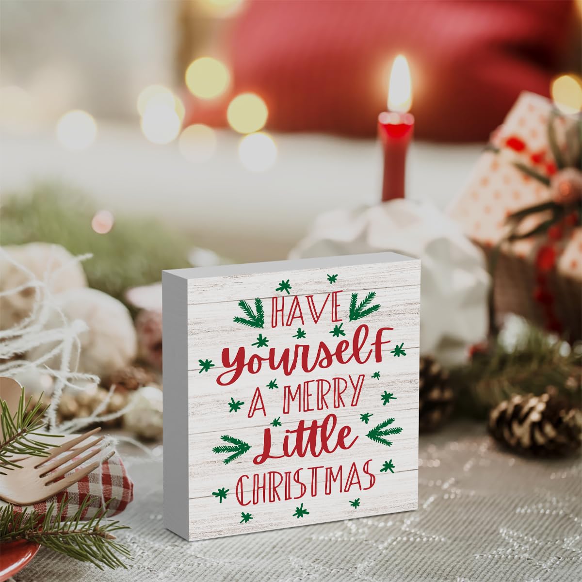 Have Yourself A Merry Little Christmas Wood Sign Christmas Decorations Indoor Farmhouse Christmas Decor Desk Table Block Signs Home Shelf Office Decoration 5 x 5 Inches WRSUNT