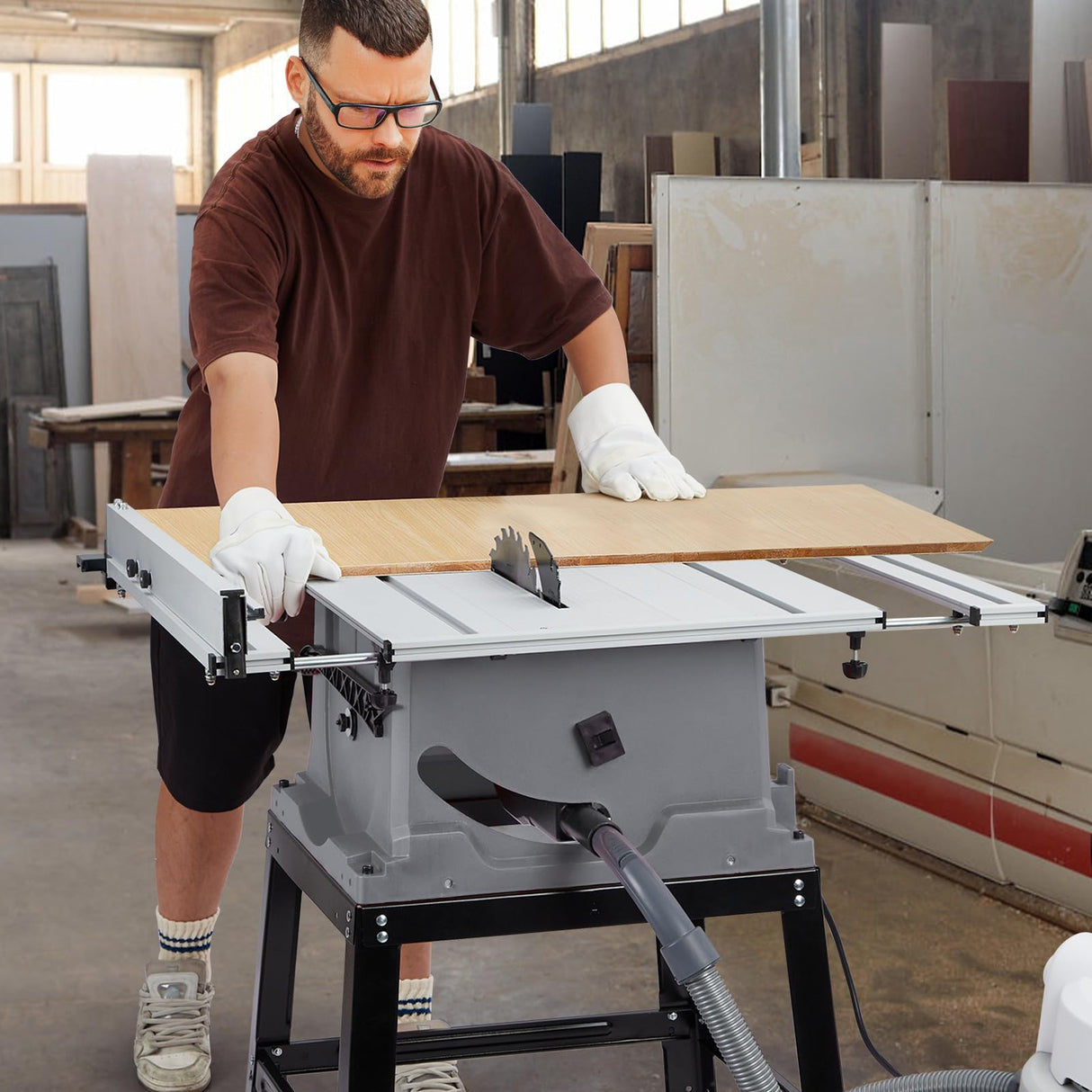 GarveeTech Table Saw, 10 Inch 15A Multifunctional Saw With Stand & Push Stick, 90° Cross Cut & 0-45° Bevel Cut, 5000RPM, Adjustable Blade Height for Woodworking, Grey GarveeTech