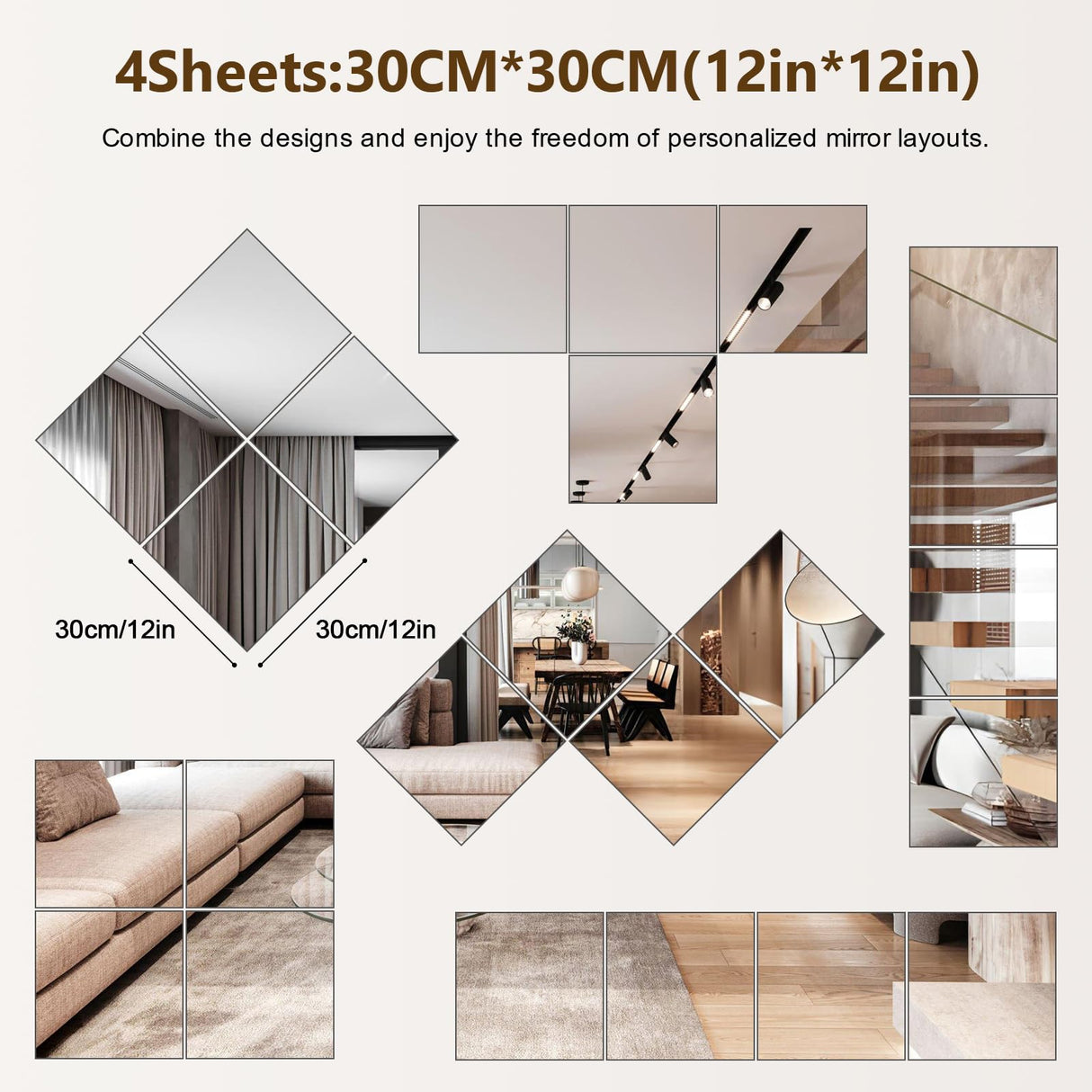 Mirror Wall Full Length,12X12 Inch Unbreakable Mirror Tiles for Bedroom Home Gym Door, Acrylic Squares Mirror Full Body Shatterproof Mirror Stickers for Walls,Mirror Sheets (4pcs) Shiftshade