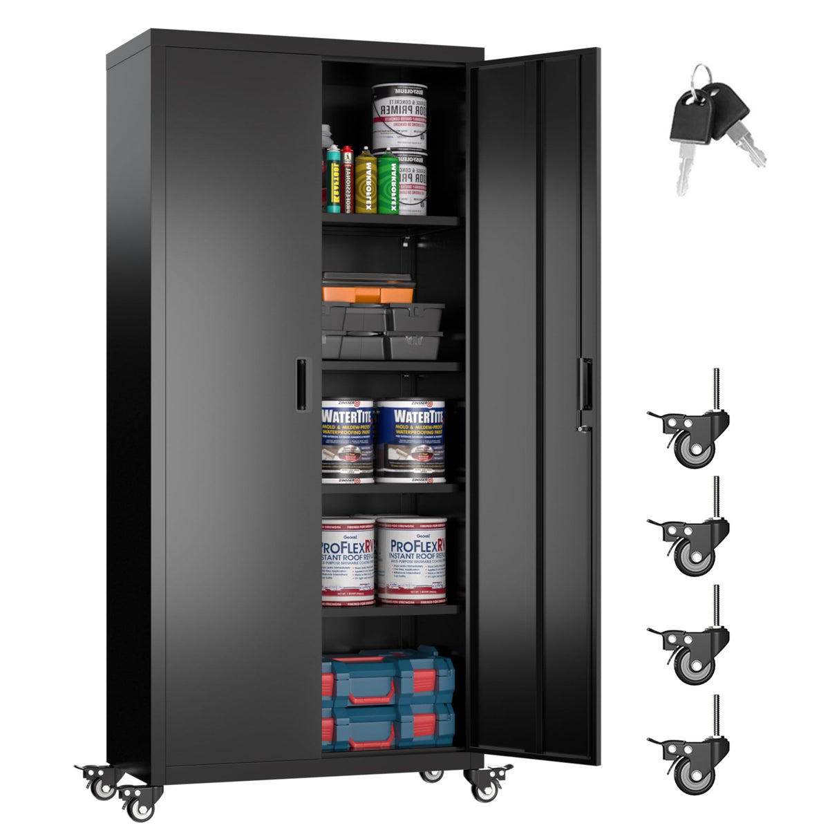 SUXXAN Metal Garage Storage Cabinet with Wheels, 73'' Steel Cabinets on Wheels for Office School Home Warehouse Utility Room Garage, Assembly Require,Black SUXXAN