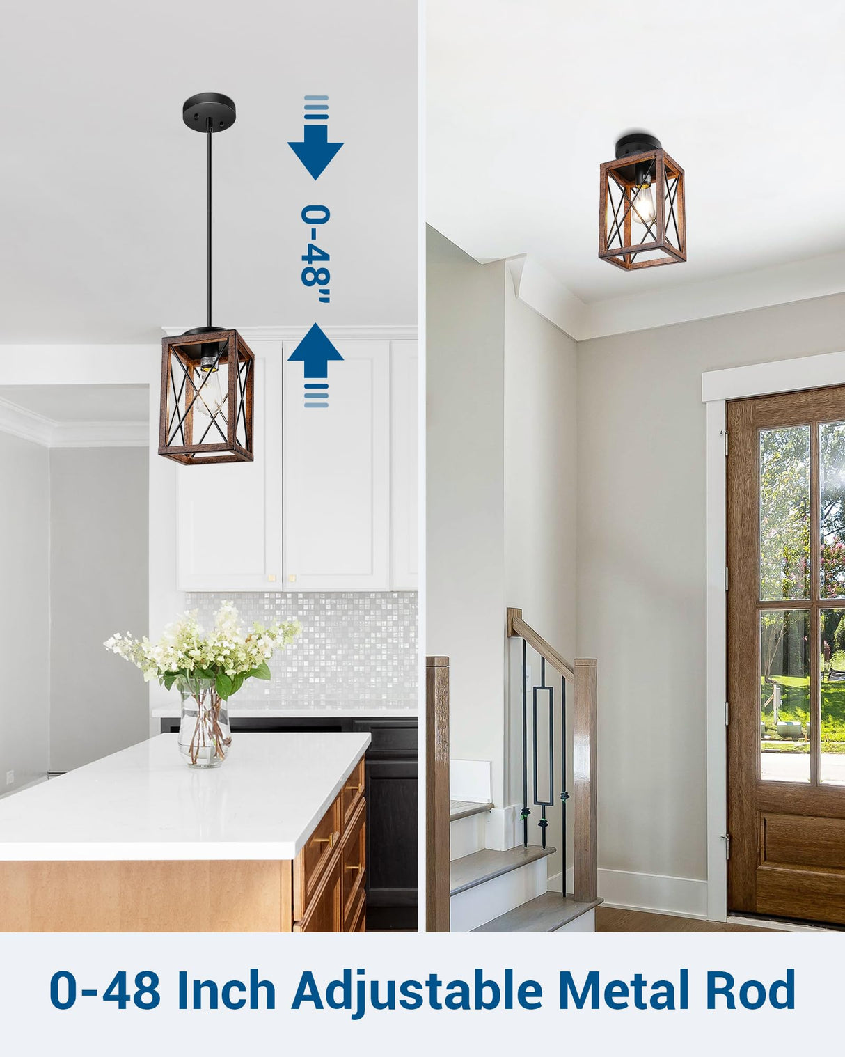 DEWENWILS Farmhouse Pendant Light, Metal Hanging Light Fixture with Wooden Grain Finish, 48 Inch Adjustable Pipes for Flat and Slop Ceiling, Kitchen Island, Bedroom, Dining Hall, E26 Base DEWENWILS