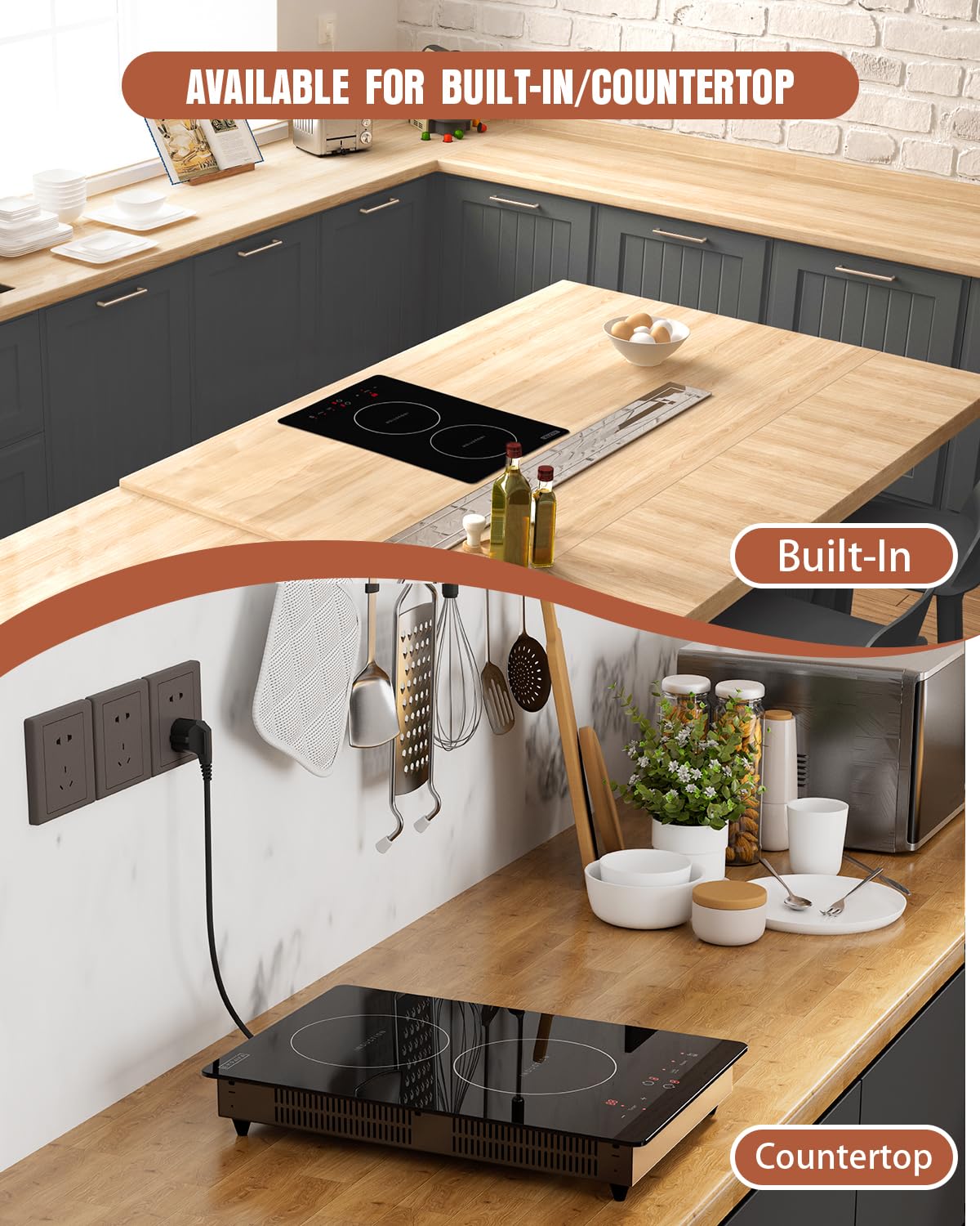 Empava Electric Stove Induction Cooktop Vertical with 2 Burners Vitro Ceramic Smooth Surface Glass in Black 120V, 12 Inch Empava