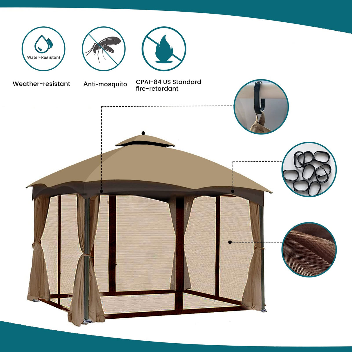 Gazebo Universal Replacement Mosquito Netting - Wonwon Outdoor Gazebo Canopy 4-Panel Screen Walls with Zipper for 10' x 12' Gazebo (Mosquito Net Only) (Brown) Wonwon