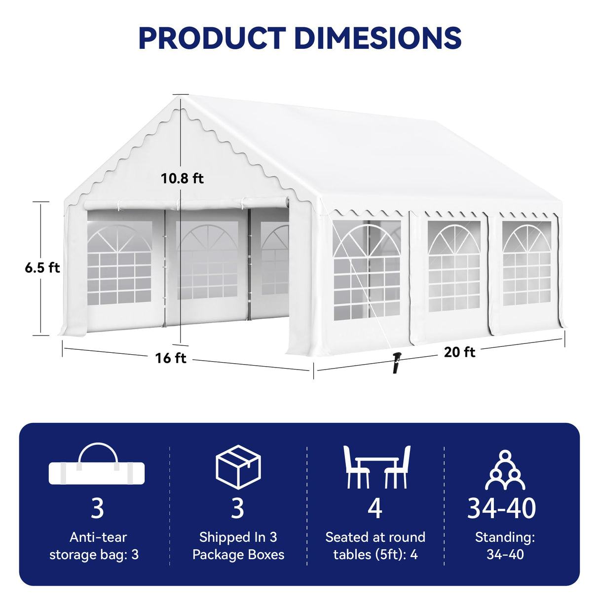 PHI VILLA 20'x16' Outdoor Heavy Duty Party Tent Large Commercial Canopy Wedding Event Shelter with Removable Sidewalls & 3 Storage Bags for Patio Outdoor Garden Events, White PHI VILLA